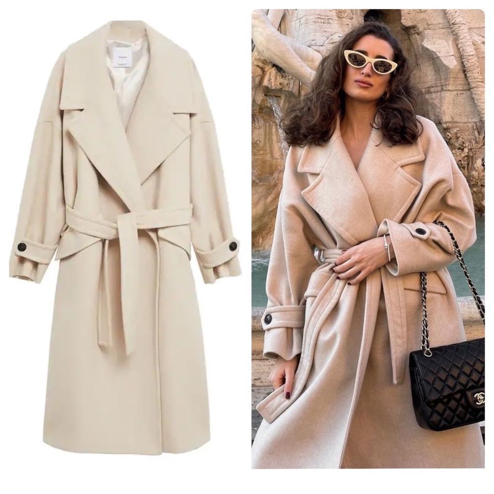 Mango Limited Collection Manteco Fabric 64% Wool Blend Coat Belted Ecru New